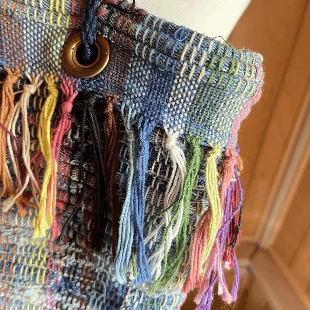 Handwoven Recycled Denim Tote Bag Boho Festival Market Upcycled Fringe Shoulder - Picture 9 of 11
